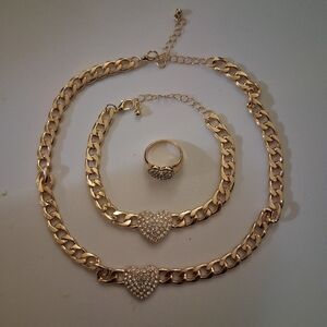 Gold Heart Jewelry Set Necklace,  Bracelet & Ring Size 7